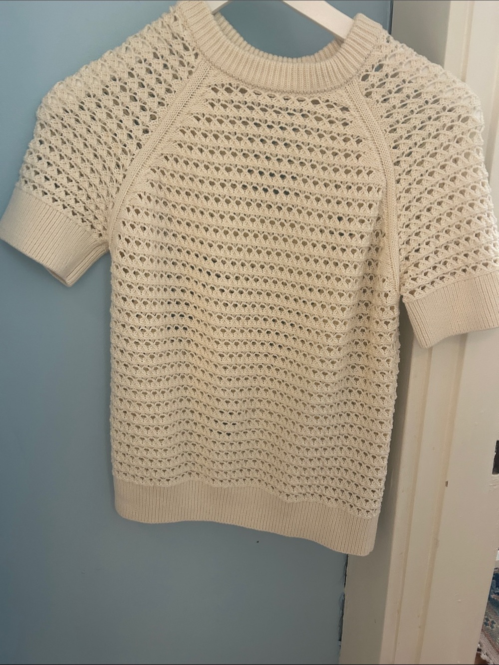 Varley Cream Open-Knit Short Sleeve Crew Sweater
